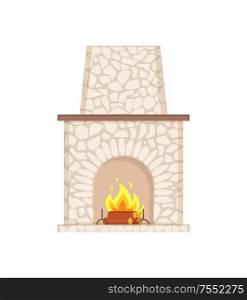 Fireplace with long chimney paved in stone isolated icon vector. Shelf for items, rounded shape of stove with open area, fire flames and wooden logs. Fireplace with Long Chimney Paved in Stone Icon