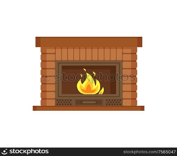 Fireplace with metal frame, construction made of brick vector. Flames and burning logs wood material in fire, heating decoration of home interior. Fireplace with Metal Frame, Construction of Brick
