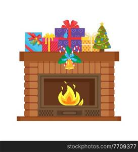 Fireplace with metal frame, construction made of brick vector. Flames in home bonfire, heating decoration of home interior with bells, presents and fir-tree. Fireplace with Metal Frame, Xmas Gifts and Tree
