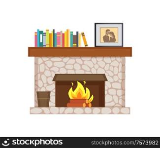 Fireplace with shelf and books, framed photo interior vector. Publications and bucket for ashes, burning logs, wooden material, picture of couple family. Fireplace with Shelf Books, Framed Photo Interior