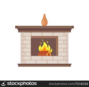 Fireplace with vase standing on top isolated icon vector. Flames wooden logs burning, heating system of houses. Interior design of homes bricks decor. Fireplace with Vase Standing on Top Isolated Icon