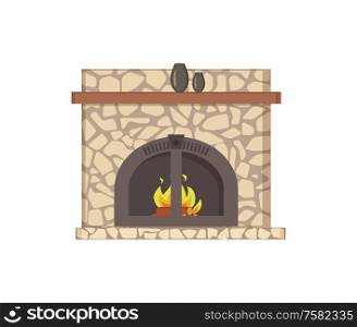 Fireplace with wooden shelf and decor vases isolated icon vector. Paved construction with traditional decoration stones and metal frame material. Fireplace with Wooden Shelf and Decor Vases Icon