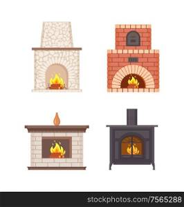 Fireplace with wooden shelf and vase on top vector isolated icons set. Bricks and stones pavement, installed furnace stove made of metal iron vintage. Fireplace with Wooden Shelf and Vase on Top Set