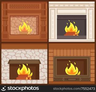 Fireplaces in classic styles wooden and stone decoration vector. Set of furnaces of open kind, burning logs orange flames. Carved ornamental decor interior. Fireplaces in Classic Styles Wooden and Stone