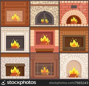 Fireplaces set different shapes and types of stoves vector. Furnaces made of stone, redbrick or wooden material, burning logs, classic style of decor. Fireplaces Set Different Shapes Types of Stoves