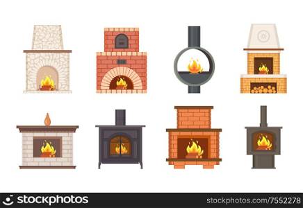 Fireplaces with shelves and different pavement types vector. Isolated icons set of stoves and open metallic rounded pipe, stone and brick furnace. Fireplaces with Shelves and Different Pavement