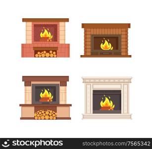 Fireplaces with wooden logs isolated icons set vector. Electric type of furnace, warming heating system decorated with bricks and classic columns. Fireplaces with Wooden Logs Isolated Icons Set