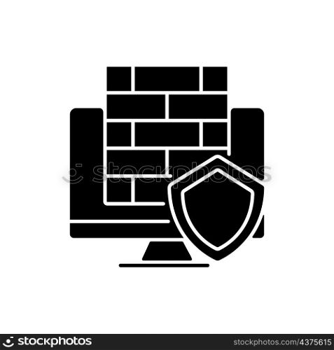 Firewall black glyph icon. Protective software and hardware. Cybersecurity device. Data protection. Antivirus and filter. Silhouette symbol on white space. Vector isolated illustration. Firewall black glyph icon