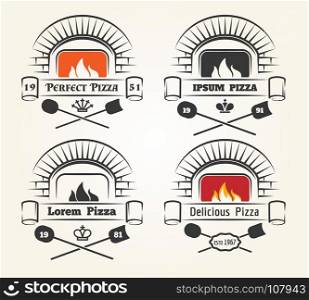 Firewood oven pizza logo. Firewood oven pizza logo. Traditional pizzeria emblems with fire, old wood fired brick oven and shovels isolated on white background, vector illustration