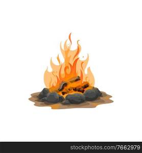 Firewood with stones and logs, hunting or c&ing c&fire icon isolated vector fire. C&fire icon, hunting and c&ing vector