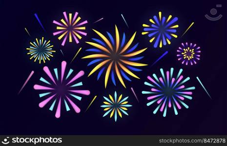 Firework background. Cartoon colorful evening and night party celebration wallpaper with pyrotechnics. Vector illustration colorful celebrating fireworks. Firework background. Cartoon colorful evening and night party celebration wallpaper with pyrotechnics. Vector illustration