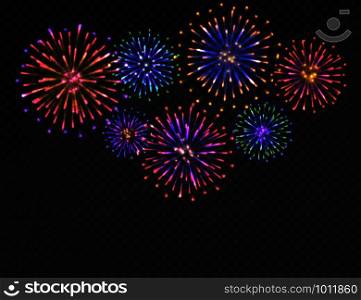 Firework background. Isolated carnival salute on transparent backdrop. Festive xmas, new year and 4th july fireworks vector colorful bright night concept. Firework background. Isolated carnival salute on transparent backdrop. Festive xmas, new year and 4th july fireworks vector concept