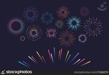 Firework. Cartoon firecracker for Christmas party festival. Celebration fire flashes, launch flare rockets in dark night sky. Abstract outline salute, colorful illuminated sparks. Vector illustration. Firework. Cartoon firecracker for Christmas festival. Celebration fire flashes, launch flare rockets in night sky. Abstract outline salute, colorful illuminated sparks. Vector illustration