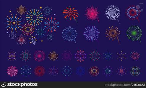 Firework collection. Color fireworks, festive fires. Bright colorful line sunburst. Christmas, independence day, festival or party firecrackers vector set. Collection celebration firework, bright fire. Firework collection. Color fireworks, festive fires. Bright colorful line sunburst. Christmas, independence day, national festival or party pyrotechnics firecrackers vector set
