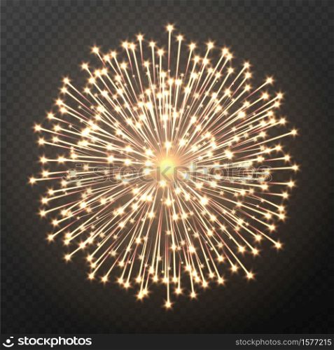 Firework explosion, light firecracker effect isolated on a dark background. Bright realistic rocket burst with sparkles. Vector illustration.. Firework explosion, light firecracker effect, bright realistic rocket burst with sparkles.