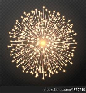 Firework explosion, light firecracker effect isolated on a dark background. Bright realistic rocket burst with sparkles. Vector illustration.. Firework explosion, light firecracker effect, bright realistic rocket burst with sparkles.