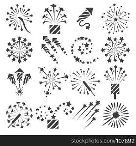 Firework icons, party signs. Firework icons. Celebration fireworks party signs and vector drawing celebrating petard symbols isolated on white background