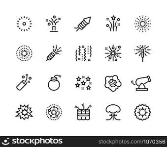Firework line icons. Birthday party and anniversary celebration light sparklers, new year pyrotechnics. Vector illustration fireworks icon collection for congratulation, feast or festival. Firework line icons. Birthday party and anniversary celebration light sparklers, new year pyrotechnics. Vector fireworks collection