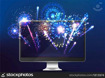 Firework online. Light on screen, realistic monitor with festive new year salut. Broadcasting of city festival vector illustration. Online holiday firework, web screen christmas, tradition celebration. Firework online. Light on screen, realistic monitor with festive new year salut. Broadcasting of city festival vector illustration