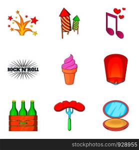 Firework party icon set. Cartoon set of 9 firework party vector icons for web design isolated on white background. Firework party icon set, cartoon style