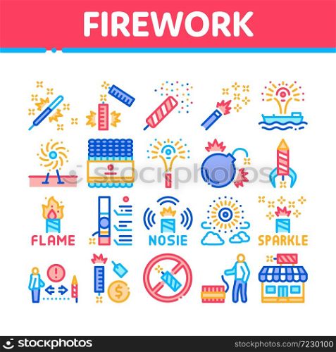 Firework Pyrotechnic Collection Icons Set Vector. Flash rocket And Salute, Christmas Explosive Firework And Festival Lights, Concept Linear Pictograms. Color Illustrations. Firework Pyrotechnic Collection Icons Set Vector