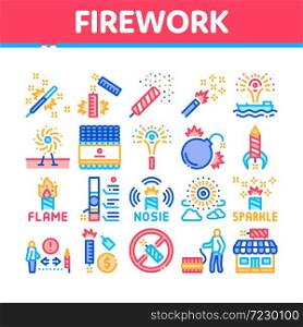 Firework Pyrotechnic Collection Icons Set Vector. Flash rocket And Salute, Christmas Explosive Firework And Festival Lights, Concept Linear Pictograms. Color Illustrations. Firework Pyrotechnic Collection Icons Set Vector