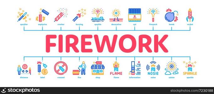 Firework Pyrotechnic Minimal Infographic Web Banner Vector. Flash rocket And Salute, Christmas Explosive Firework And Festival Lights, Illustration. Firework Pyrotechnic Minimal Infographic Banner Vector