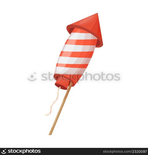 Firework rocket with stripes, rope in cartoon style isolated on white background. Celebration element, exploding petard. Vector illustration