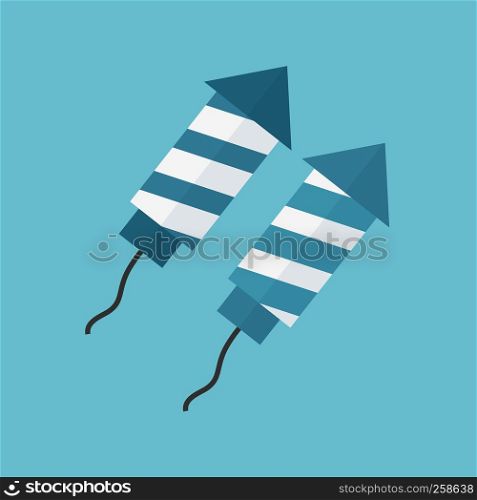 Firework rockets icon in flat design with blue background. In white and blue colors for Israel Independence Day holiday concept.