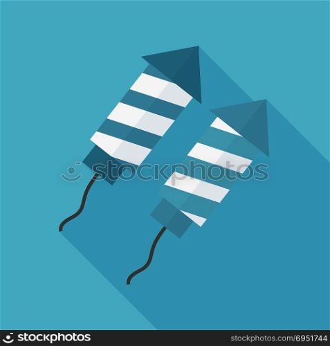 Firework rockets icon in flat long shadow design. In white and blue colors for Israel Independence Day holiday concept.