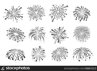 Firework silhouettes and carnival stars explosion for holiday celebration, vector icons. Christmas, New Year and birthday anniversary or festival party confetti popper explosion with star spark splash. Firework silhouettes and carnival stars explosion