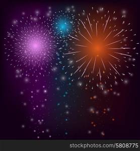 Firework sparkle bursts in night sky celebration background vector illustration. Firework Colorful Background