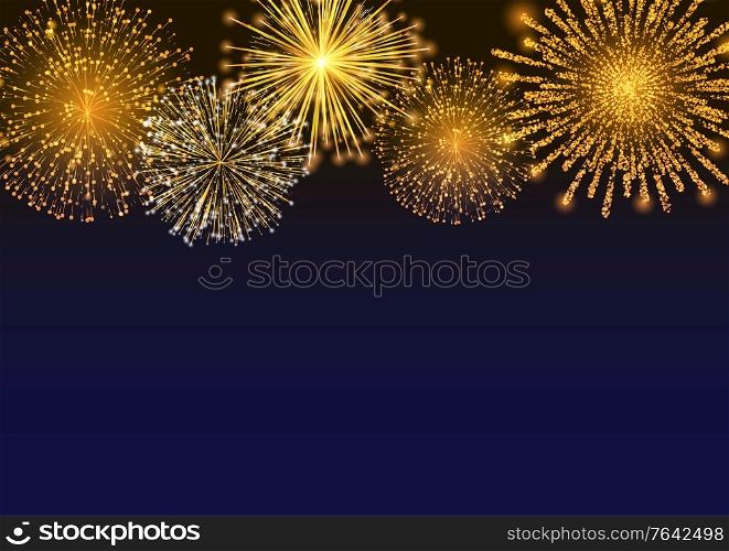 Firework sparkling with lights, fireworks on night or evening sky. Explosion for festival, festive moods. New Year celebration holidays. Bright and shiny decoration. Vector sparkle and glittering ray. Firework Explosive Burst Flare Decorative Glowing