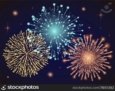Firework sparkling with lights, fireworks on night or evening sky. Explosion for festival, festive moods. New Year celebration holidays. Bright and shiny decoration. Vector sparkle and glittering ray. Firework Explosive Burst Flare Decorative Glowing