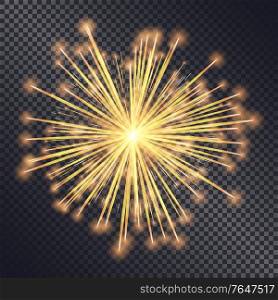 Firework sparkling with lights isolated on transparent background. Explosion for festival, festive moods. New Year celebration holidays. Bright and shiny decoration. Vector sparkle and glittering ray. Firework Explosive Burst Flare Decorative Glowing