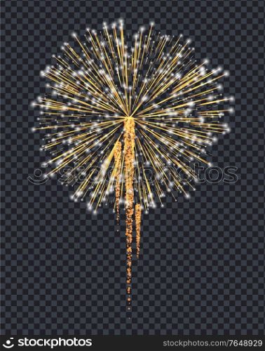 Firework sparkling with lights isolated on transparent background. Explosion for festival, festive moods. New Year celebration holidays. Bright and shiny decoration. Vector sparkle and glittering ray. Firework Explosive Burst Flare Decorative Glowing