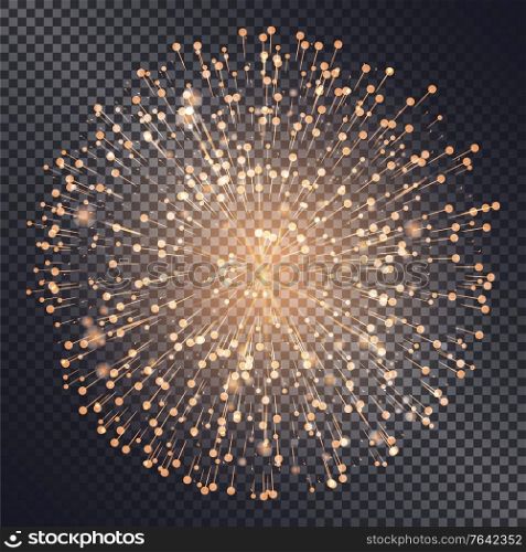 Firework sparkling with lights isolated on transparent background. Explosion for festival or festive moods. New Year celebration of holidays. Bright and shiny decoration. Vector in flat style. Firework Explosive Burst Flare Decorative Glowing
