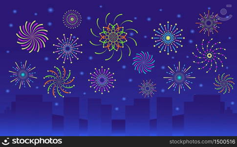 Fireworks above skyscrapers is shown. Carnival pyrotechnics is celebrated in the city. Colorful firecracker with sparkles in night sky. Trendy flat background vector for banner, flyer, website.. Fireworks above skyscrapers is shown. Carnival pyrotechnics is celebrated in the city.