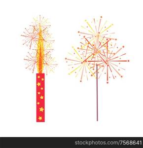 Fireworks and sparkler vector isolated icons. Burning pyrotechny crackers in flat style, realistic cracker holiday celebration items, pyrotechnic equipment. Fireworks and Sparkler Vector Isolated Icons