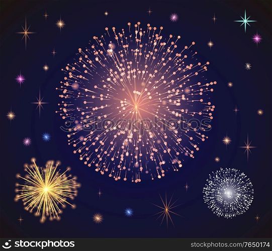 Fireworks at night sky with stars and glowing splashes. Festival and holidays celebration. Abstract pyrotechnics for carnival or party. Decoration for new year or christmas. Vector in flat style. Fireworks for Holidays Celebration in Evening