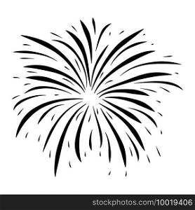 Fireworks burst black symbol. Silhouette icon of sparkle fall after petard explosion. Great for happy new year or independence day graphic design. Vector illustration isolated on white background. 