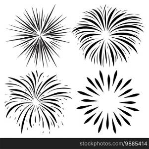 Fireworks burst silhouette icon set. Holiday sparkle fall after petard explosion. Vector collection of happy new year black symbol. Festive illustration isolated on white background. 