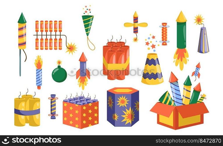 fireworks. Cartoon colorful explosive pyrotechnics for party and new year celebration. Vector set elements sparkling traditional feast. fireworks. Cartoon colorful explosive pyrotechnics for party and new year celebration. Vector set