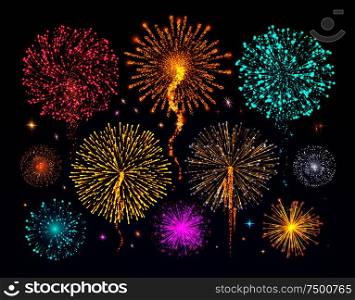 Fireworks celebration of holiday, night sky filled with light vector. Crackers and explosion in evening views, multicolor festival shines and glows. Fireworks Celebration of Holiday, Night Sky Light