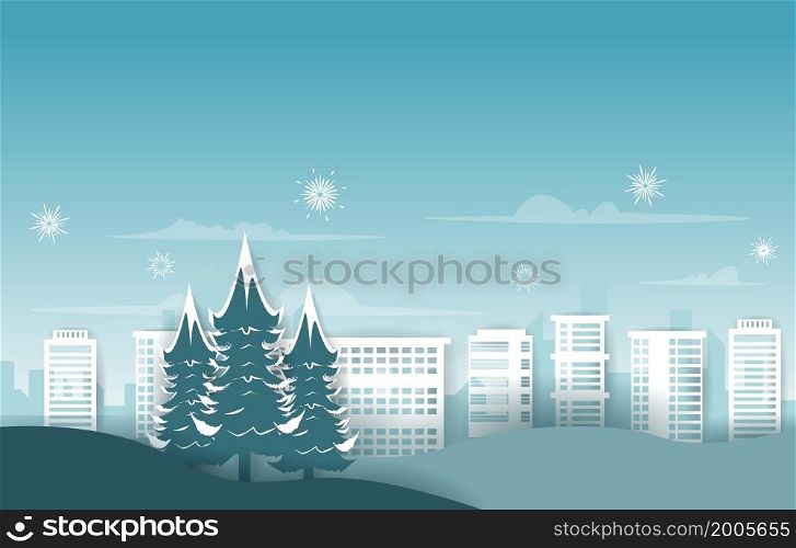 Fireworks City Building Pine Tree Winter New Year Paper Cut Illustration