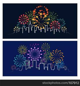 Fireworks city skyline. Fireworks city skyline. Celebrating firework over night town panorama, urban festive party landscape concept vector illustration