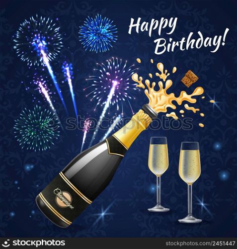 Fireworks composition of congratulatory inscription with images of champagne glasses bottle and colourful fireworks on ornate background vector illustration. Birthday Fireworks Composition Background