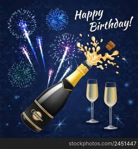 Fireworks composition of congratulatory inscription with images of champagne glasses bottle and colourful fireworks on ornate background vector illustration. Birthday Fireworks Composition Background