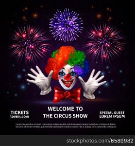 Fireworks composition with circus show announcement editable text and images of clown face hands and cracker vector illustration. Fireworks Circus Show Background
