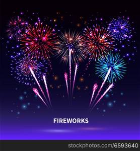 Fireworks composition with colourful images of shiny firework spots of different shape on gradient background vector illustration. Fireworks Show Background Composition